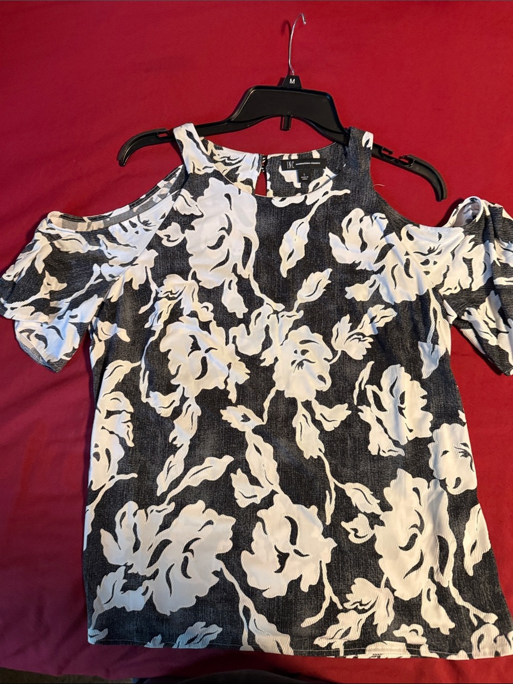INC International Concepts Black and White Floral Cutout Sleeve Top